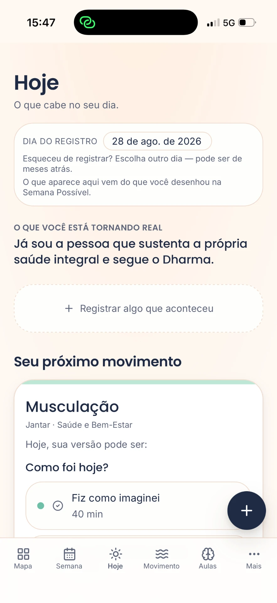 Tela Hoje do aplicativo REALizar
