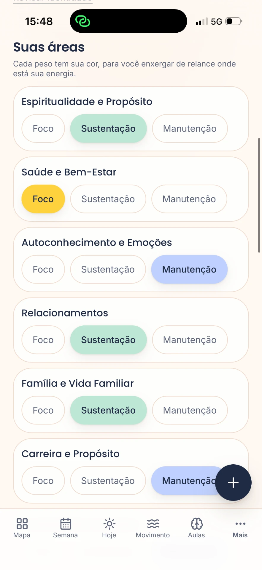 Tela Suas áreas do aplicativo REALizar