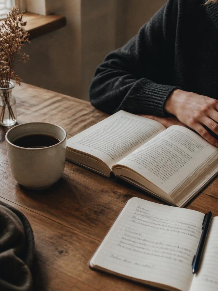 Livro aberto e caderno com anotações sobre uma mesa de madeira