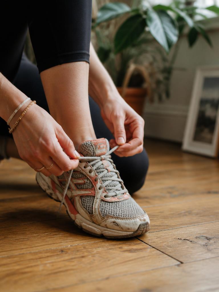 Mãos amarrando o tênis antes do treino em casa